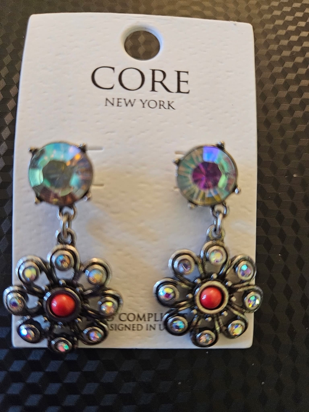 CORE New York Iridescent Floral Drop Earrings with Red Center